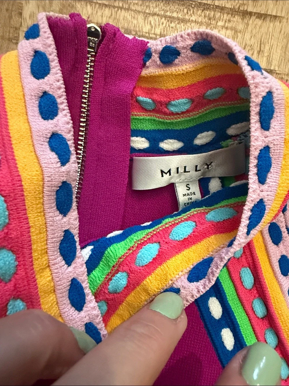 Milly Fuchsia Halter Top with Multicolor Stripe and Dot Trim - Picture 4 of 8